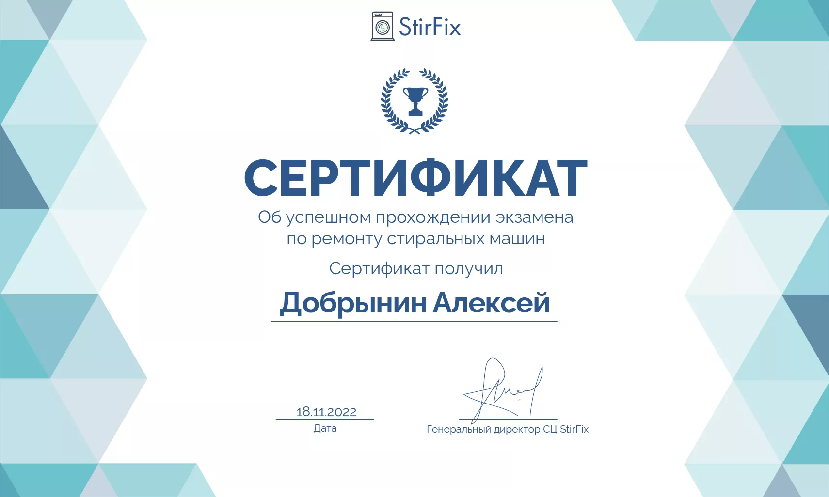 Добрынин Алексей сертификат мастера по ремонту стиральных машин