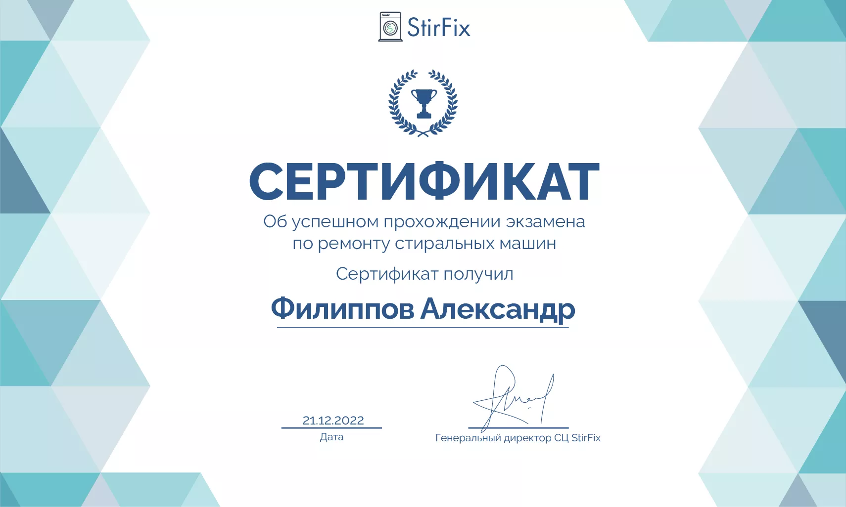 Филиппов Александр сертификат мастера по ремонту стиральных машин
