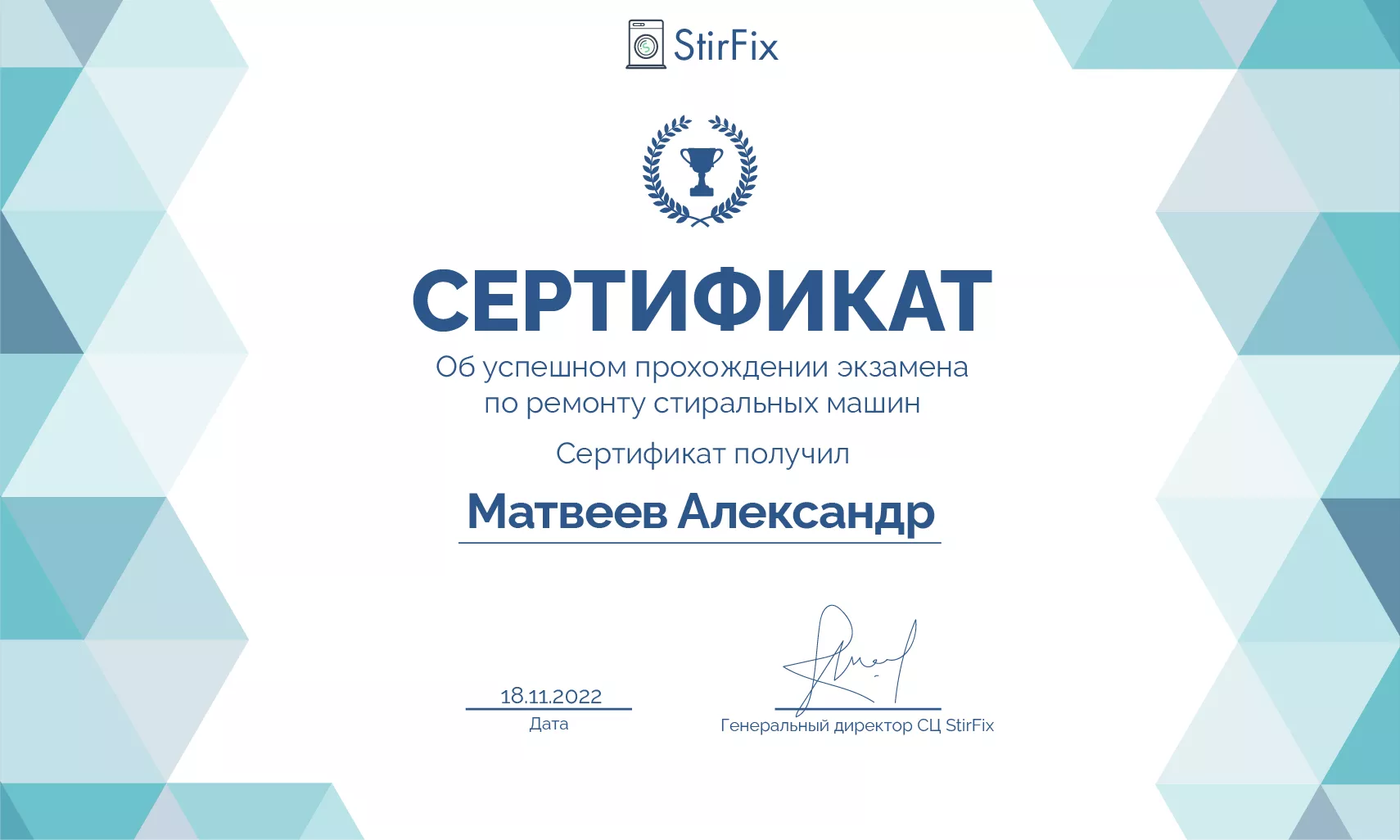 Матвеев Александр сертификат мастера по ремонту стиральных машин